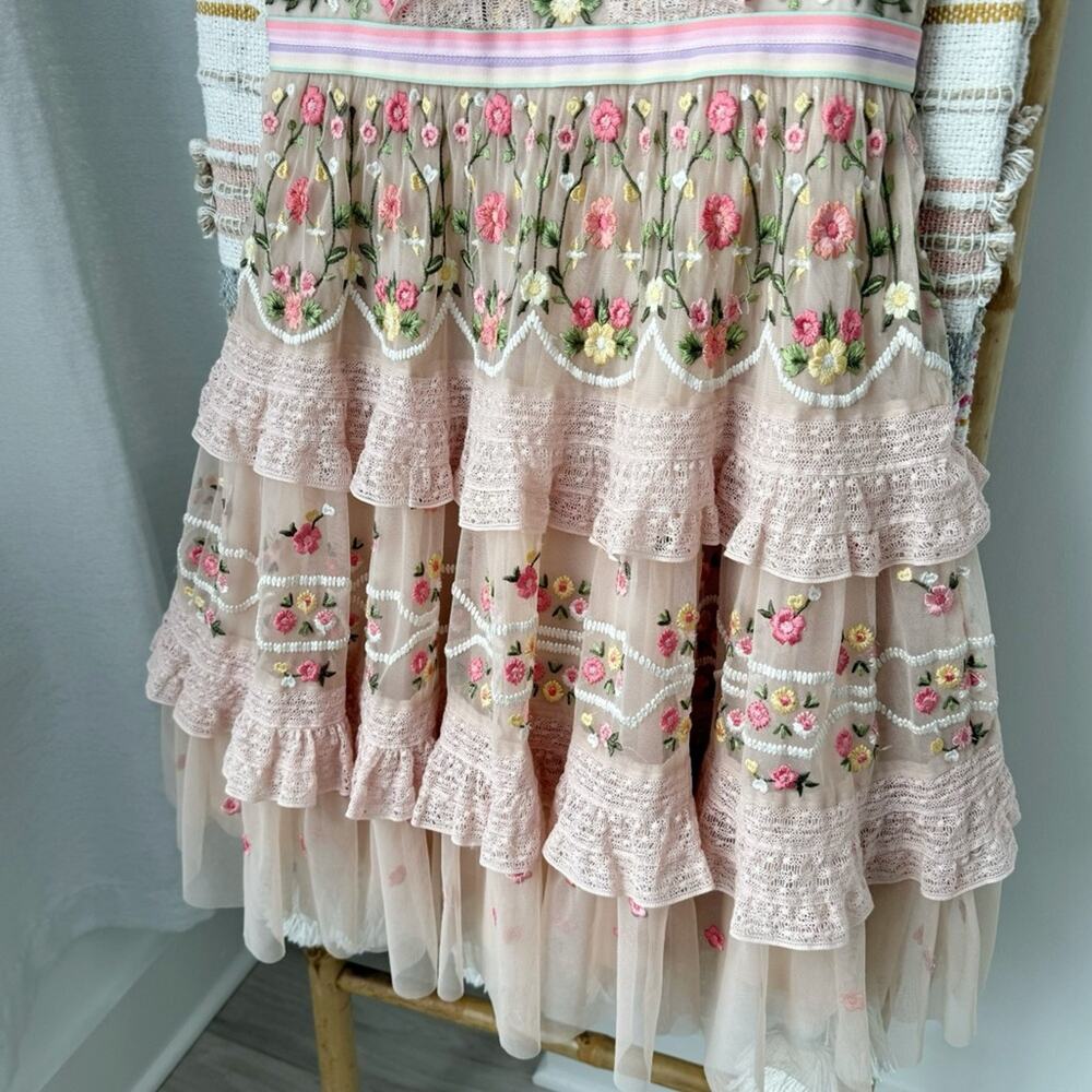Needle & Thread Lattice Rose Embroidered Frill Sleeveless Mini Dress Women’s 2 - Picture 7 of 15
